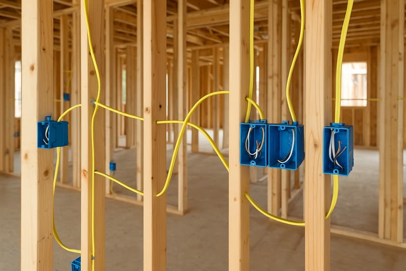 Electrical in new home construction in Oklahoma with exposed wooden framing, blue outlet boxes, and yellow electrical cables.