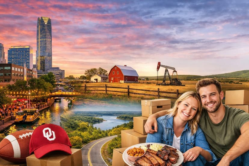 Moving to Oklahoma lifestyle showing Oklahoma City skyline, rural land, and new homeowners