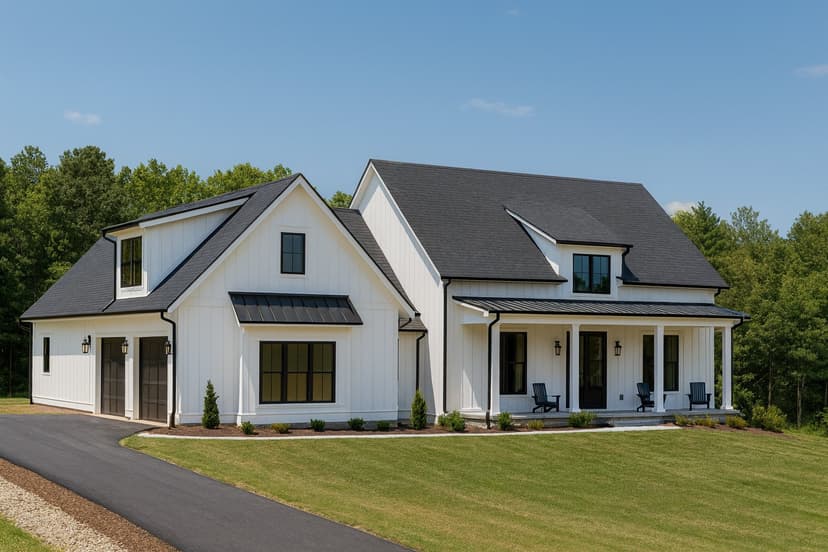 Modern farmhouse with a side entry garage, white siding, black trim, and a curved driveway leading to the garage on the side of the home.
