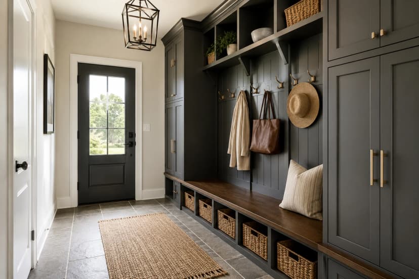 Custom mudroom with dark built-in cabinets, wood bench seating, woven storage baskets, and brass wall hooks near a home side entry.