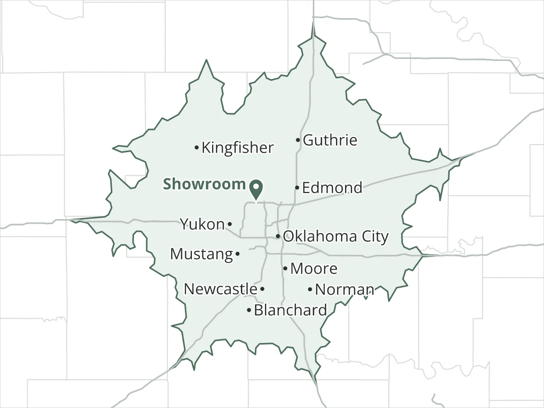 Map of the area within an hour's drive of the Turner & Son showroom in Oklahoma City