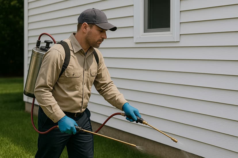 Exterminator performing pest control in new home construction, spraying the exterior foundation of a white house with a professional sprayer on a bright day, vibrant green lawn in the foreground.