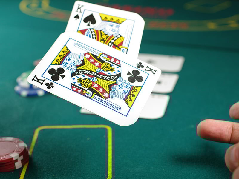 Blackjack table at Newcastle Casino in Newcastle Oklahoma with cards and poker chips