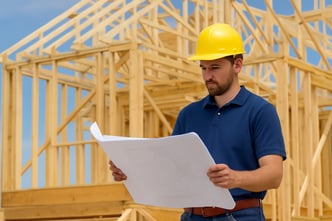 Construction builder reviewing blueprints on-site at a new home build, showcasing what does a builder do during the planning and construction process.